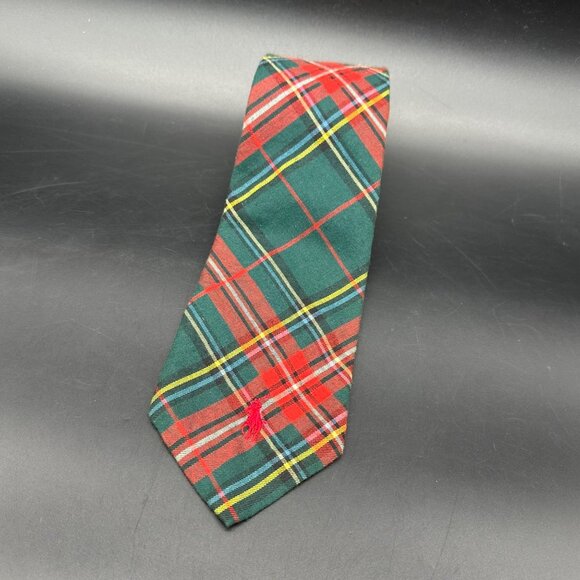 Vintage Plaid Tie Polo Ralph Lauren USA Red Green Tartan Necktie Horse Logo - Picture 1 of 8